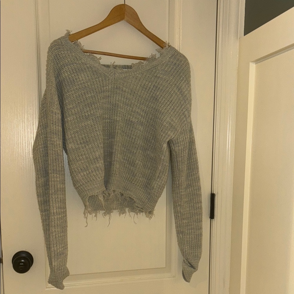 Gray V-Neck Knit Sweater